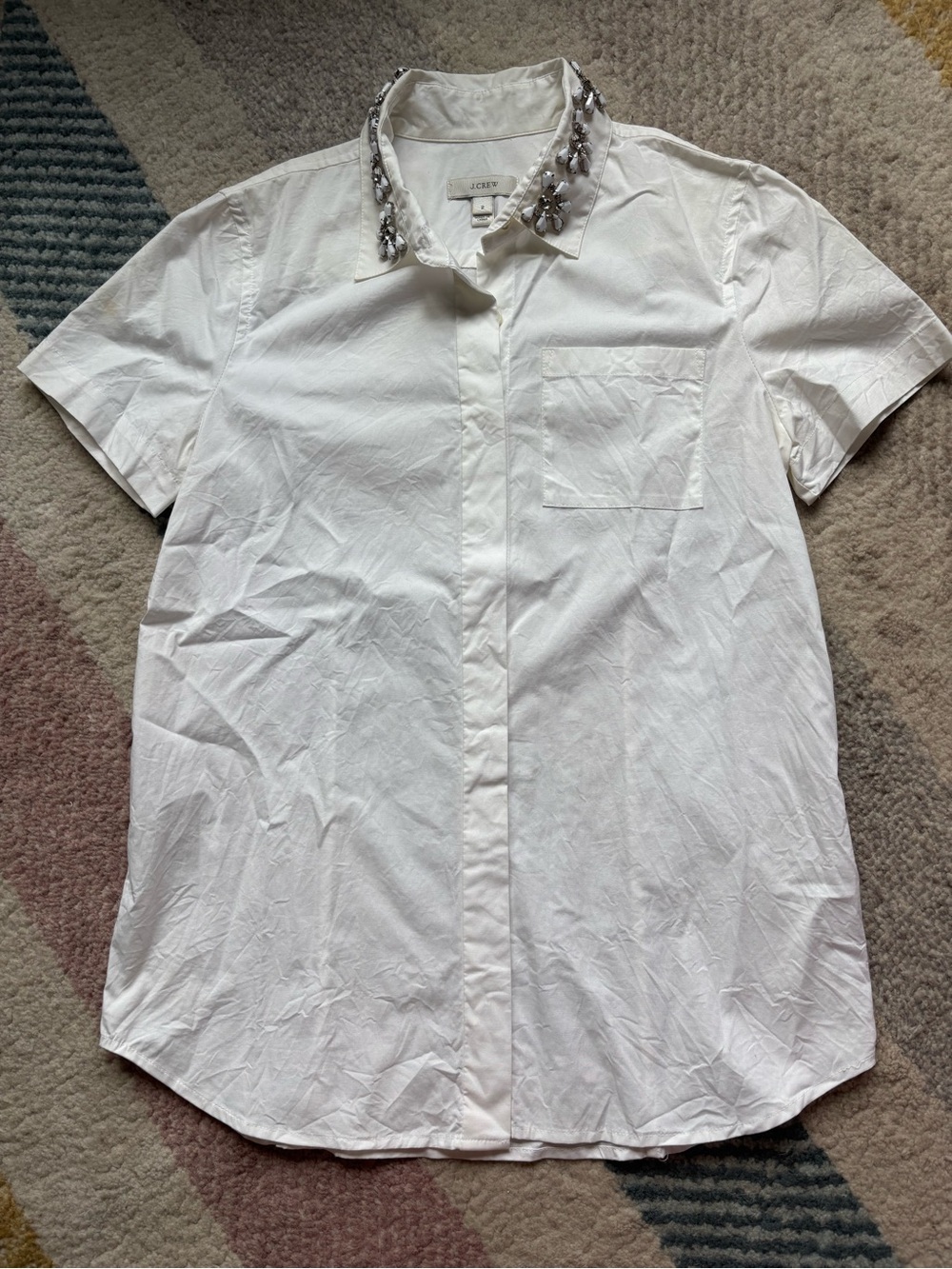 J. Crew White Short-Sleeve Button-Down Shirt with Beaded Collar